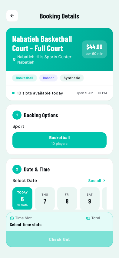 Athlits booking screen showing sample venue details, booking options, and date selection