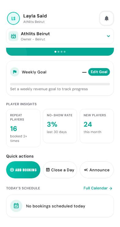 Sample Athlits owner dashboard with player insights, quick actions, and today’s schedule